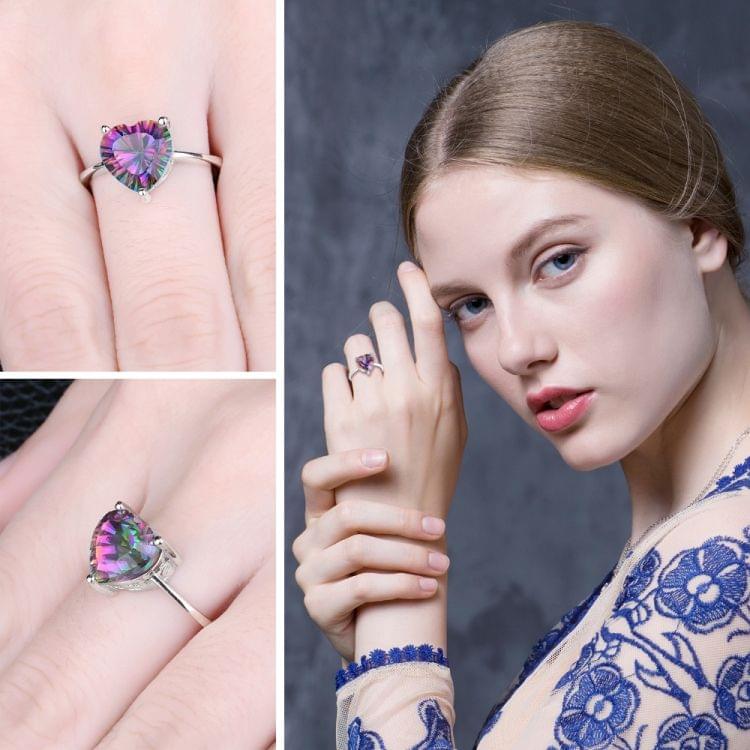 925 Sterling Silver Vintage Simple Versatile Heart Shape Colorful Ladies Zircon Ring, Ring Size:7