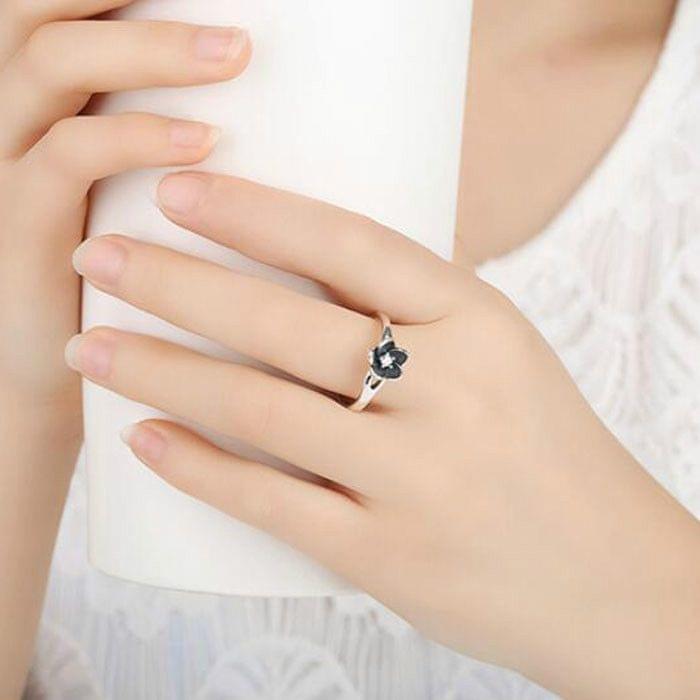 925 Sterling Silver Women Black Floral Shape Ring Jewelry, Ring Size:6