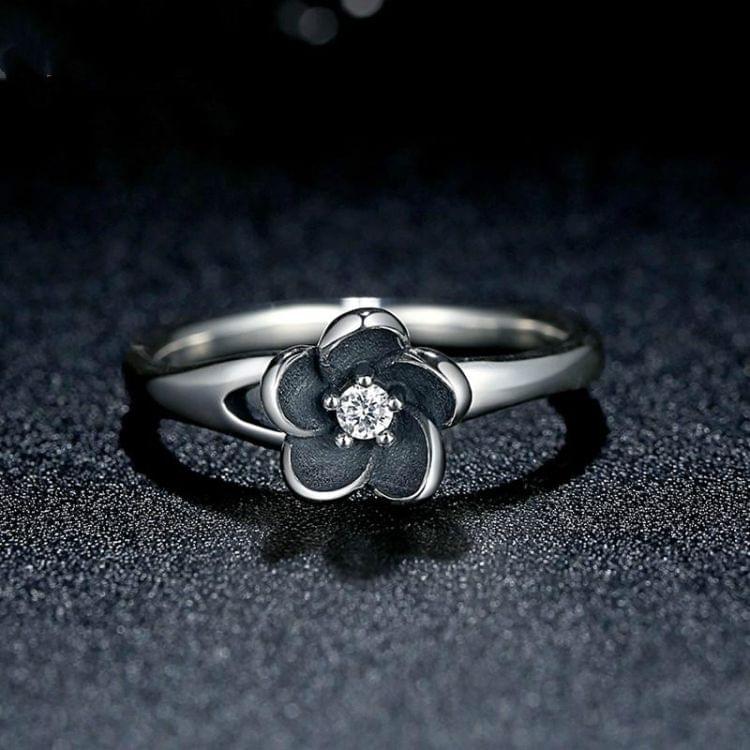 925 Sterling Silver Women Black Floral Shape Ring Jewelry, Ring Size:6