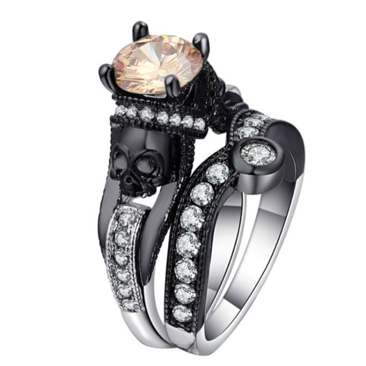 2 PCS Skull Ring Punk Style Fashion Jewelry, Ring Size:6(Champagne N-B)