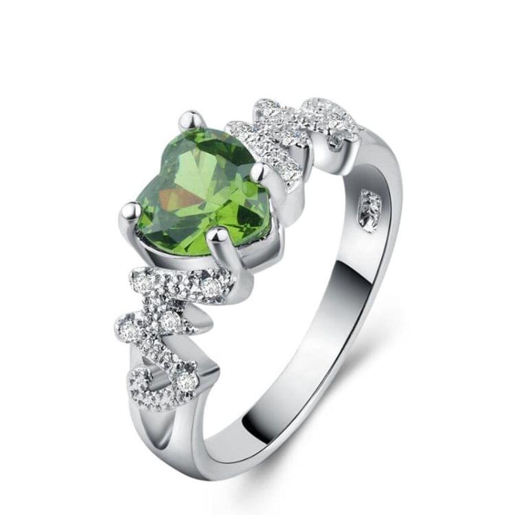 925 Sterling Silver Women Heart Pattern Diamond Ring, Ring Size:6(Green)