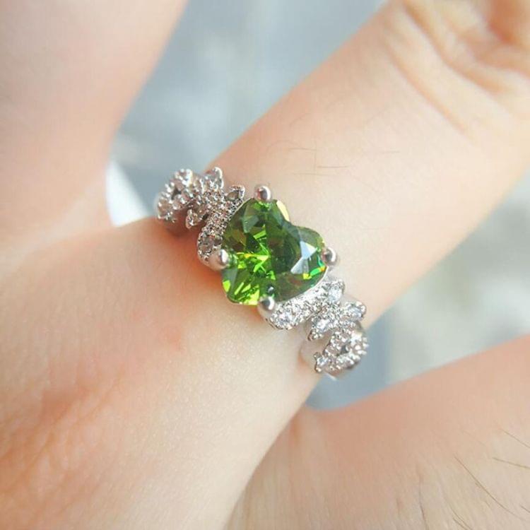 925 Sterling Silver Women Heart Pattern Diamond Ring, Ring Size:6(Green)