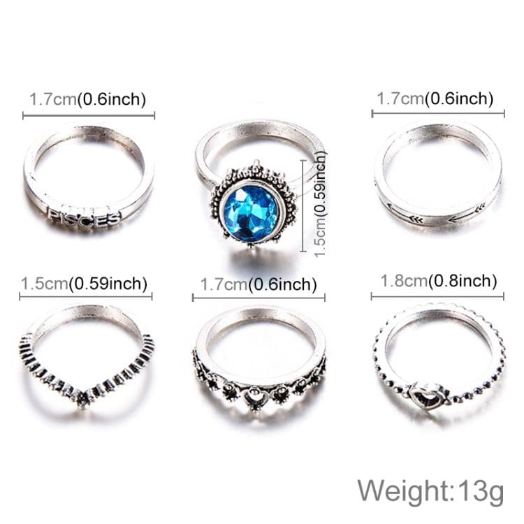 6 PCS Women Simple Fashion Sapphire Letter Crown Heart-shaped Ring Set