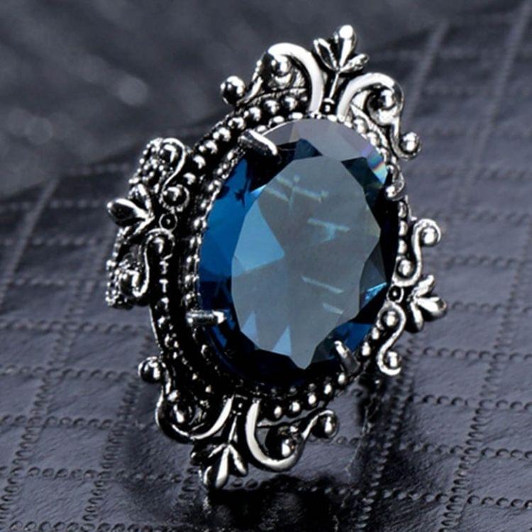 925 Silver Vintage Goose Egg-shaped Sea Blue Topaz Ring, Ring Size:9