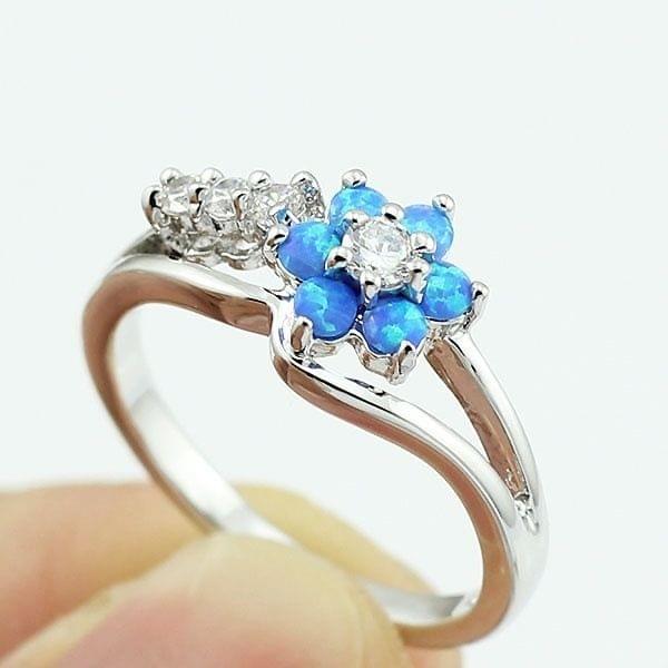 925 Silver Women Opal Flower Ring Jewelry, Ring Size:6(Blue)