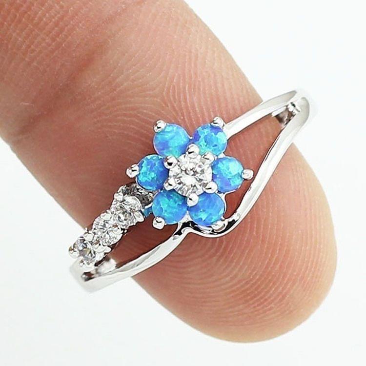 925 Silver Women Opal Flower Ring Jewelry, Ring Size:6(Blue)