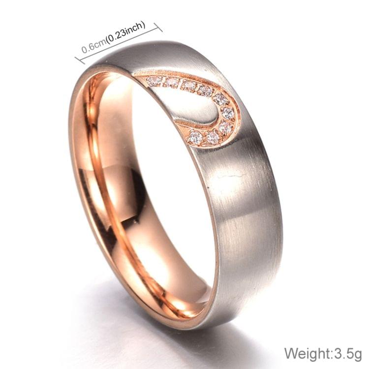 Fashion Rhinestone Love Heart Splice Couples Ring Fine Titanium Steel Ring for Men and Women(Gold with Diamond, US Size: 6)