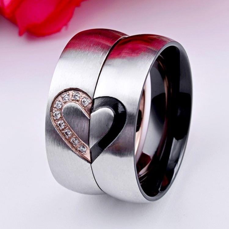 Fashion Rhinestone Love Heart Splice Couples Ring Fine Titanium Steel Ring for Men and Women(Gold with Diamond, US Size: 6)