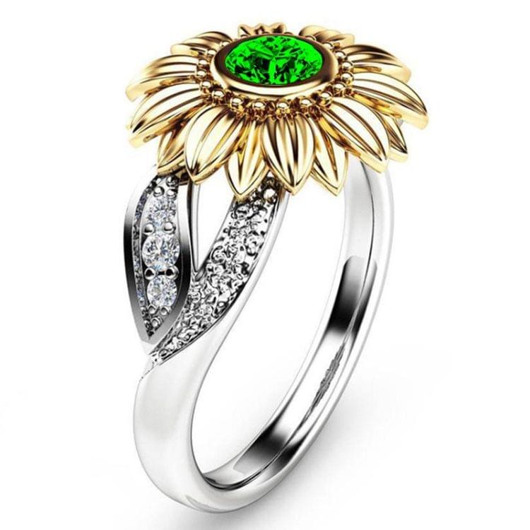 Fashion Female Cute Sunflower Crystal Rings for Women, Ring Size:6(Green )