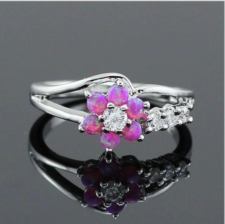 925 Silver Women Opal Flower Ring Jewelry, Ring Size:6(Pink)