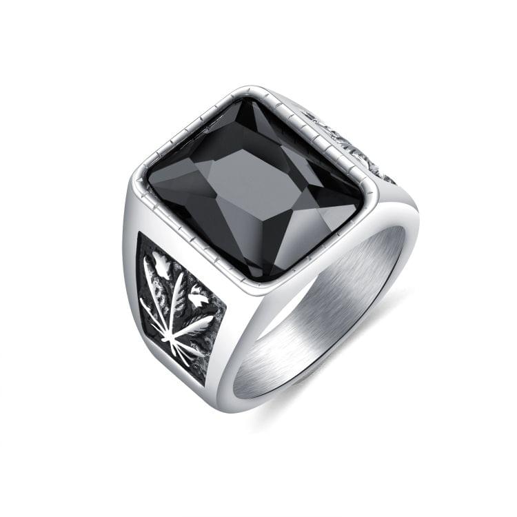 OPK Personality Tide Stainless Steel Glass Stone Maple Leaf Ring for Men(Color:Steel Black Size:7)