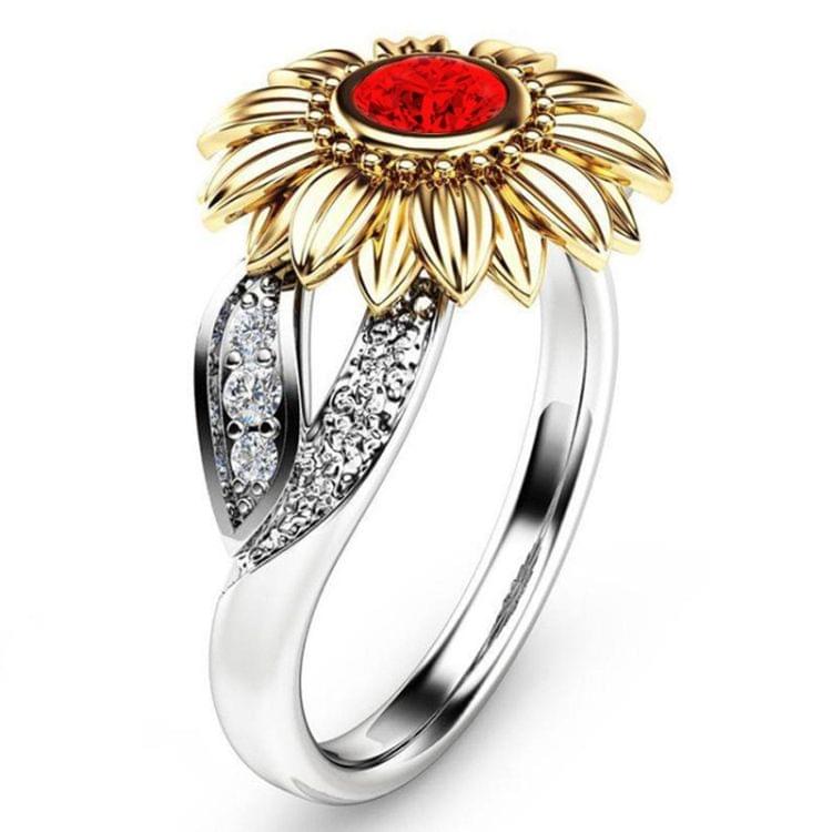 Fashion Female Cute Sunflower Crystal Rings for Women, Ring Size:6(Red)