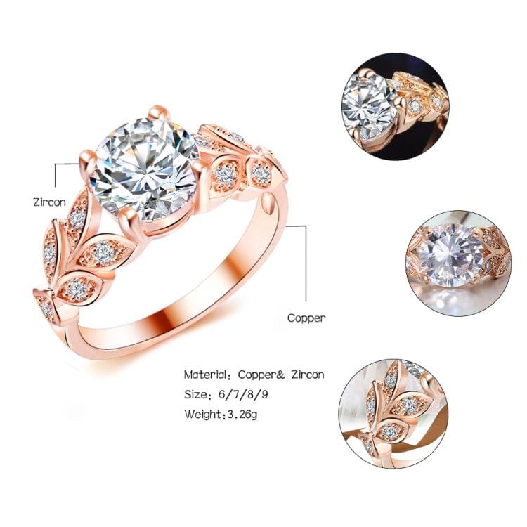 Crystal Leaf Shape Cubic Zircon Ring for Women Jewelry, Ring Size: 6 (Rose Gold)