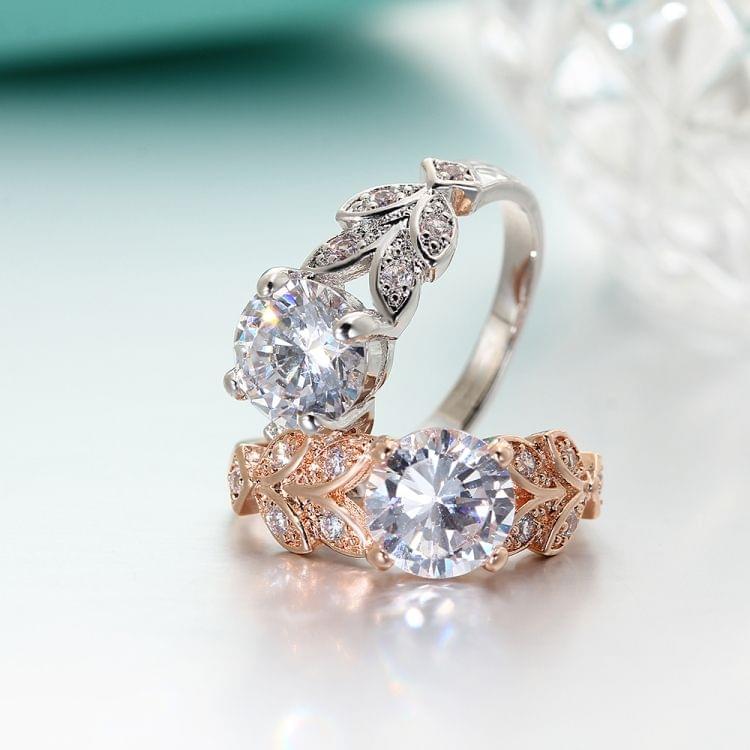 Crystal Leaf Shape Cubic Zircon Ring for Women Jewelry, Ring Size: 6 (Rose Gold)