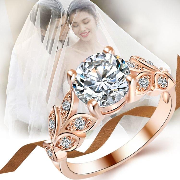 Crystal Leaf Shape Cubic Zircon Ring for Women Jewelry, Ring Size: 6 (Rose Gold)