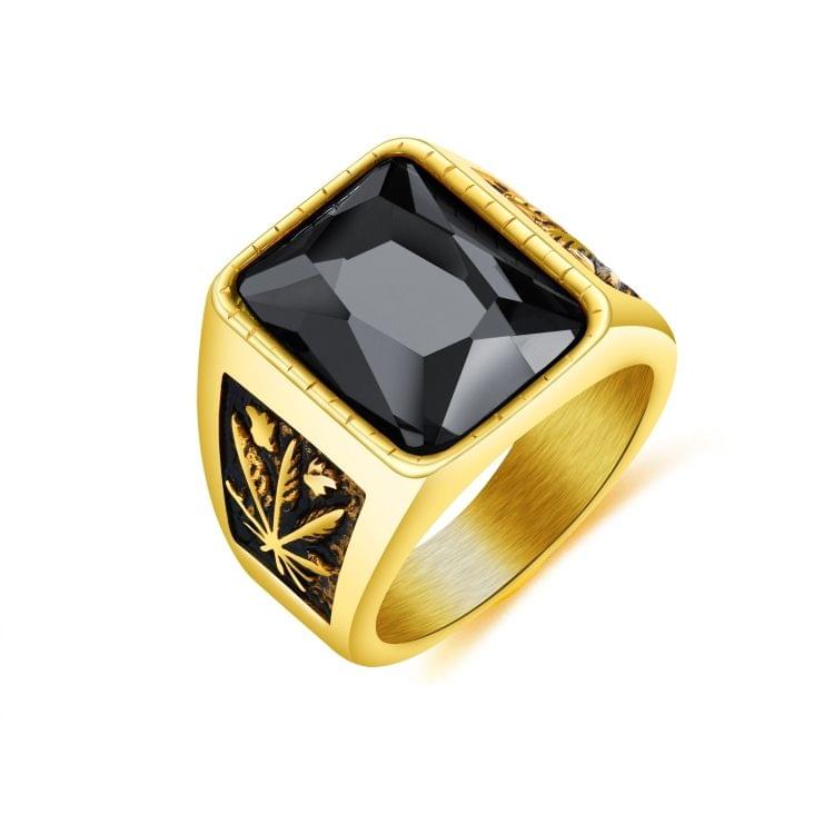 OPK Personality Tide Stainless Steel Glass Stone Maple Leaf Ring for Men(Color:Gold Black Size:11)