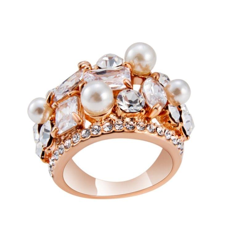 Rose Gold Plated Zircon Crystal Imitation Pearl Rose Ring for Women(Gold with Diamond, US, Size: 6)