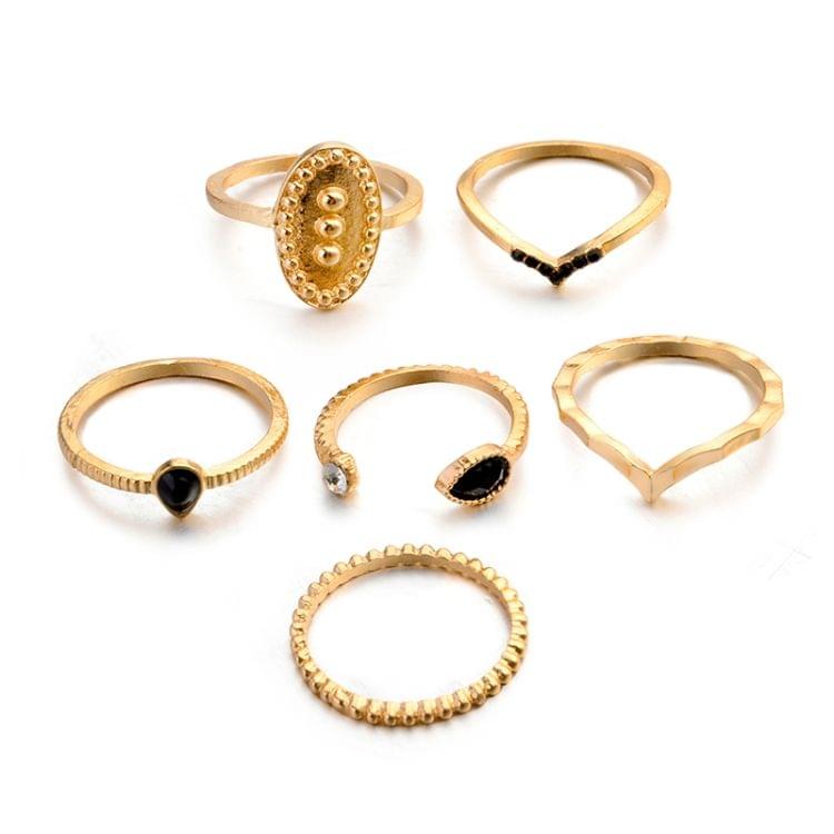 6 PCS Women Bohemian Simple Fashion Embossing Waterdrop With Diamond Rings Set Jewelry(Gold)