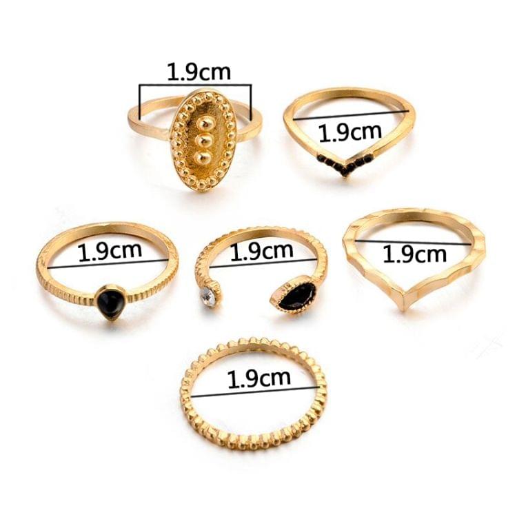 6 PCS Women Bohemian Simple Fashion Embossing Waterdrop With Diamond Rings Set Jewelry(Gold)