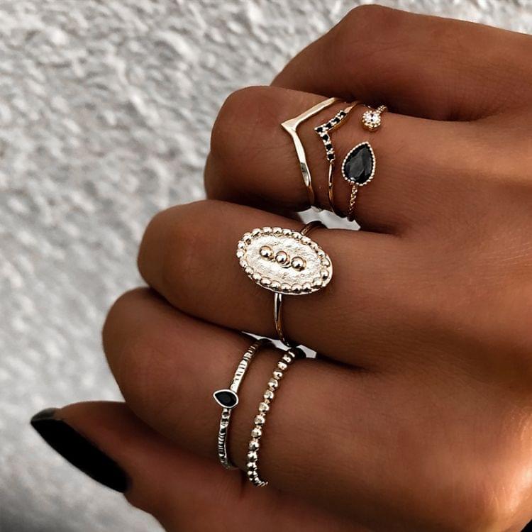 6 PCS Women Bohemian Simple Fashion Embossing Waterdrop With Diamond Rings Set Jewelry(Gold)