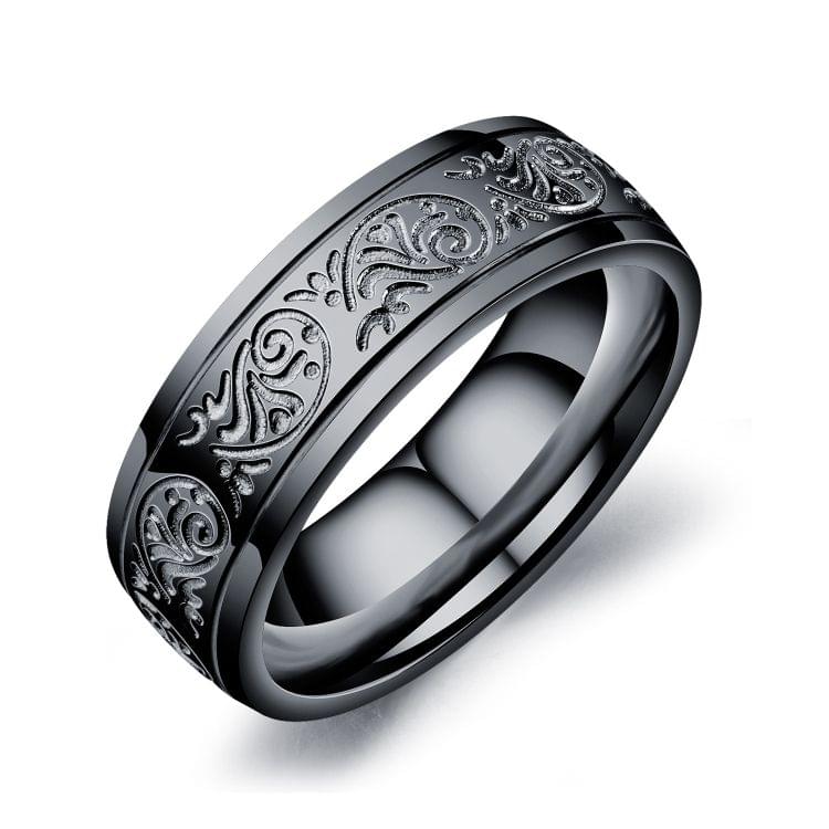 OPK Titanium Steel Flower Pattern Ring for Men (Color:Black Size:10)