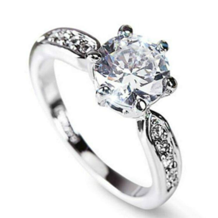 Female Classic Crystal Six-Claw Diamond Ring Wedding Ring, Ring Size:6(White Gold)