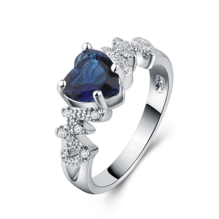 925 Sterling Silver Women Heart Pattern Diamond Ring, Ring Size:6(Blue)