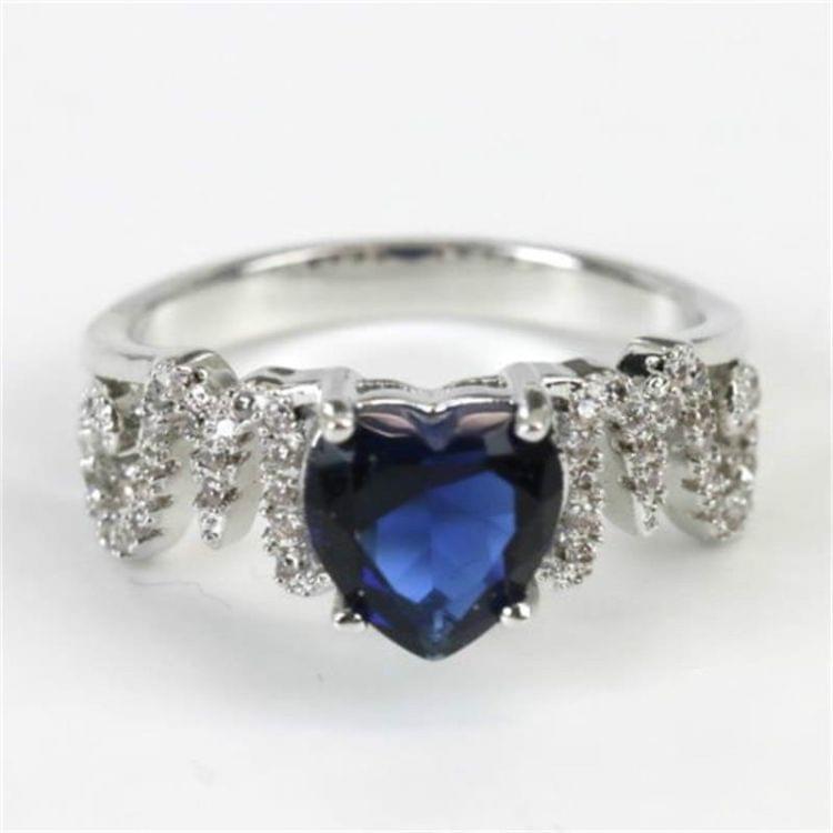 925 Sterling Silver Women Heart Pattern Diamond Ring, Ring Size:6(Blue)