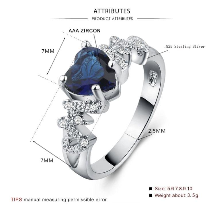 925 Sterling Silver Women Heart Pattern Diamond Ring, Ring Size:6(Blue)