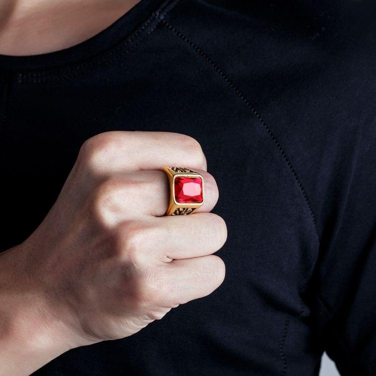 OPK Personality Tide Stainless Steel Glass Stone Maple Leaf Ring for Men(Color:Gold Red Size:7)