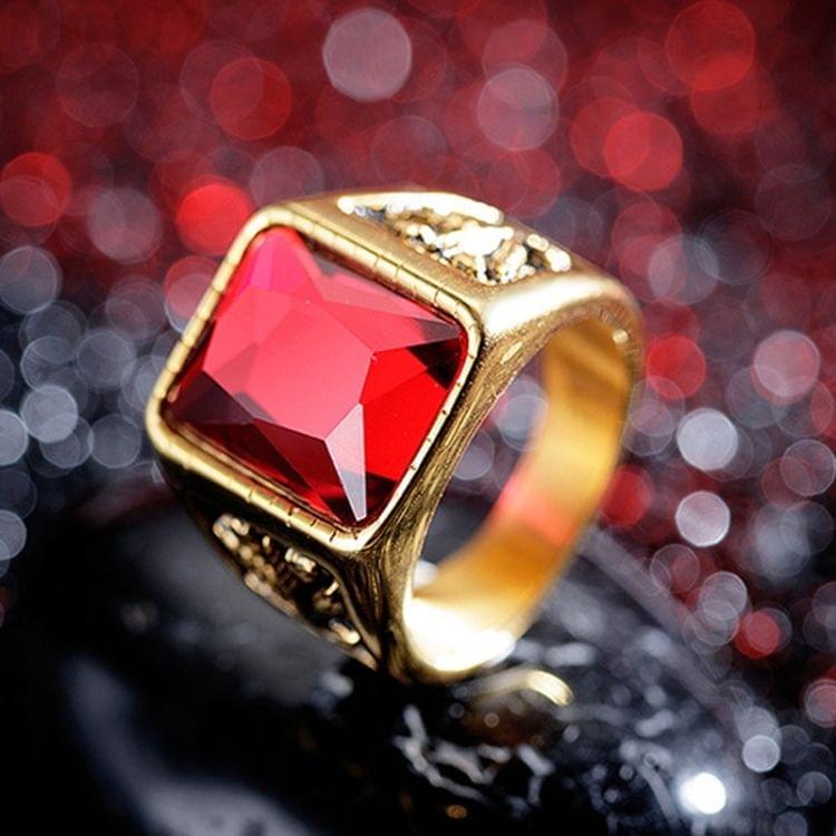 OPK Personality Tide Stainless Steel Glass Stone Maple Leaf Ring for Men(Color:Gold Red Size:7)