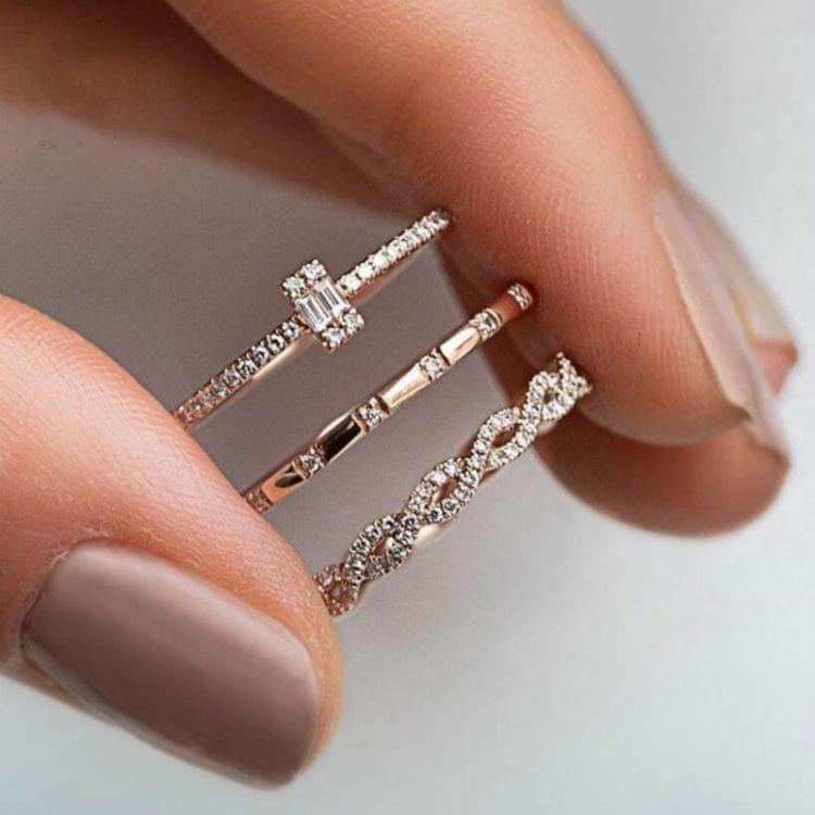 3PCS/Set Women Girls Fashion Geometry Crystal Rings, Ring Size:6