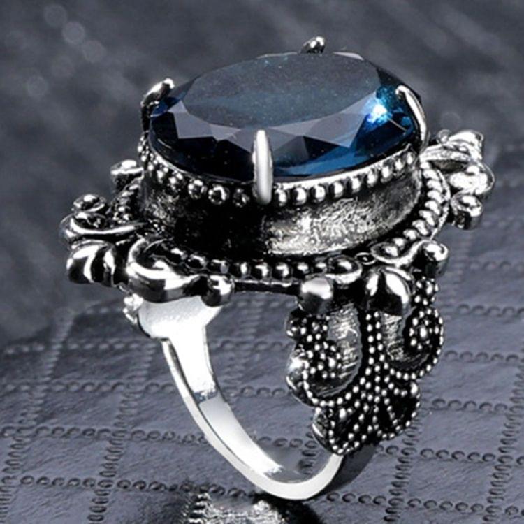 925 Silver Vintage Goose Egg-shaped Sea Blue Topaz Ring, Ring Size:6