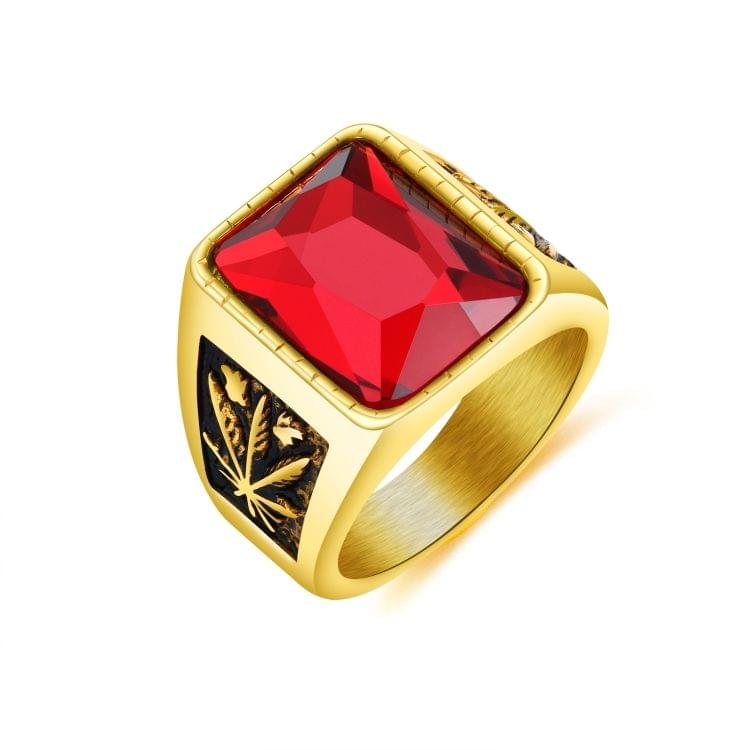 OPK Personality Tide Stainless Steel Glass Stone Maple Leaf Ring for Men(Color:Gold Red Size:11)