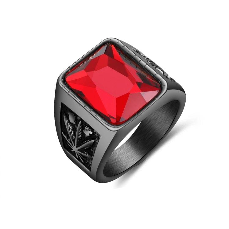 OPK Personality Tide Stainless Steel Glass Stone Maple Leaf Ring for Men(Color:Black Red Size:7)