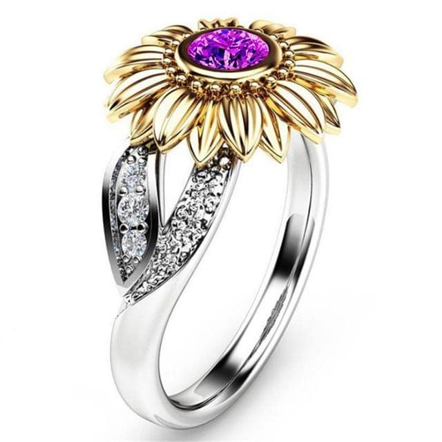 Fashion Female Cute Sunflower Crystal Rings for Women, Ring Size:6(Purple)