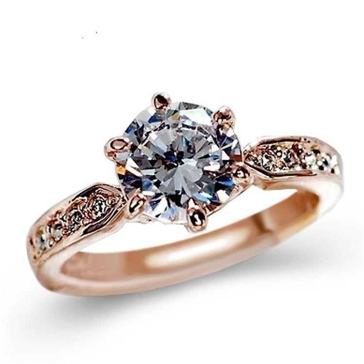 Female Classic Crystal Six-Claw Diamond Ring Wedding Ring, Ring Size:6(Rose Gold)