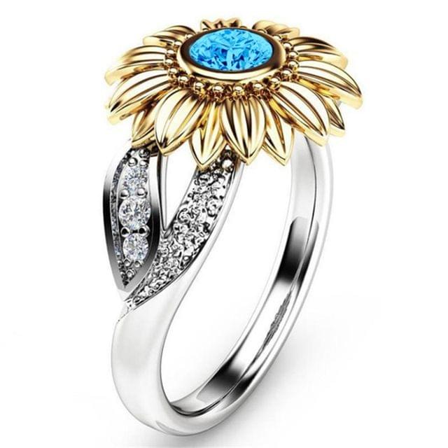 Fashion Female Cute Sunflower Crystal Rings for Women, Ring Size:6(Sea blue)