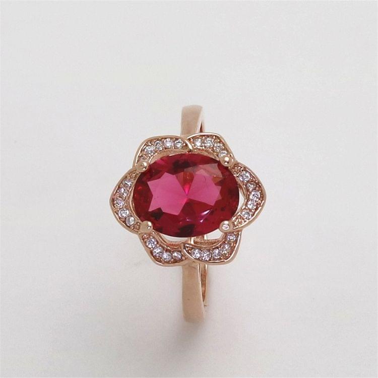 Fashion Red Tourmaline Rose Gold Flower Shape Women Ring, Ring Size:6