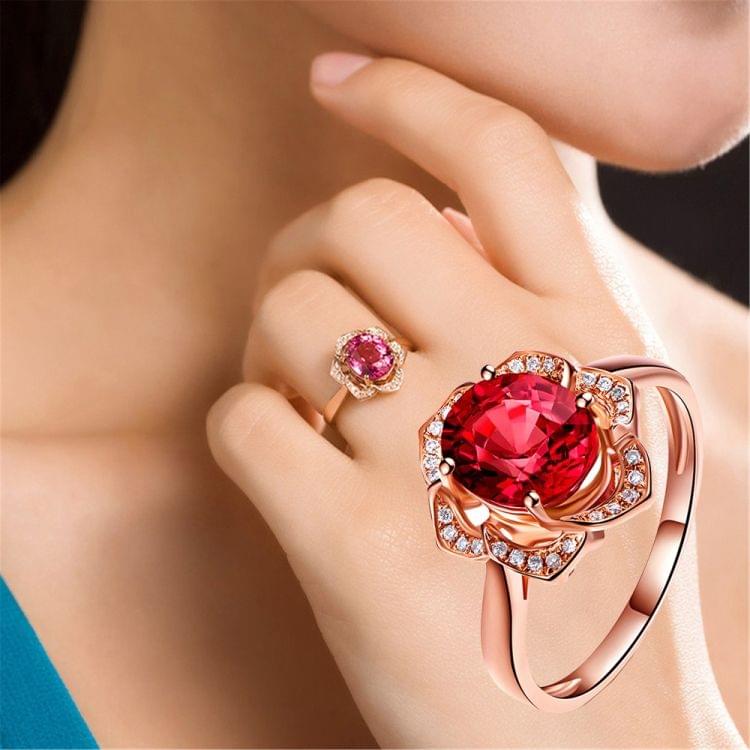 Fashion Red Tourmaline Rose Gold Flower Shape Women Ring, Ring Size:6