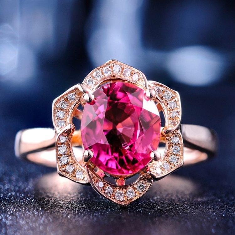 Fashion Red Tourmaline Rose Gold Flower Shape Women Ring, Ring Size:6