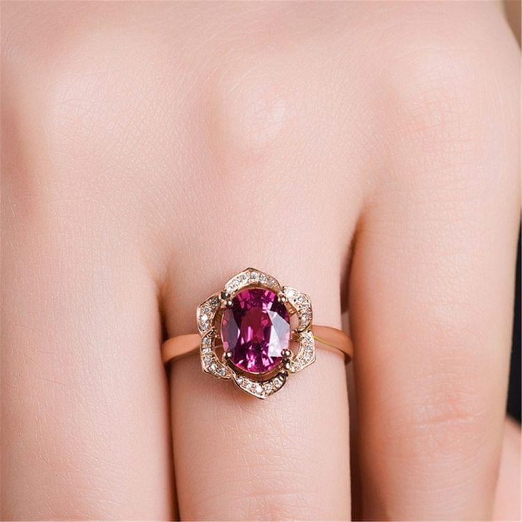 Fashion Red Tourmaline Rose Gold Flower Shape Women Ring, Ring Size:6