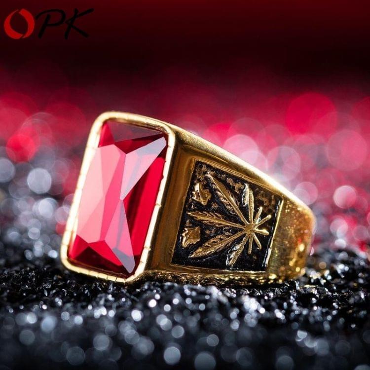 OPK Personality Tide Stainless Steel Glass Stone Maple Leaf Ring for Men(Color:Gold Red Size:9)