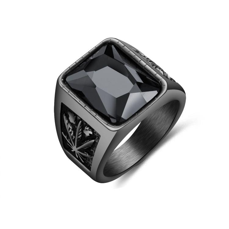 OPK Personality Tide Stainless Steel Glass Stone Maple Leaf Ring for Men(Color:Black Size:7)