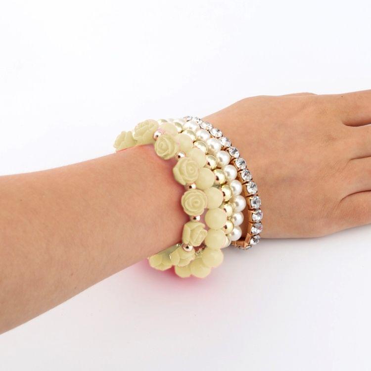 Fashion Candy Color Rose Flower Multi-layer Beads Stretch Charm Bracelet Bangle(White)