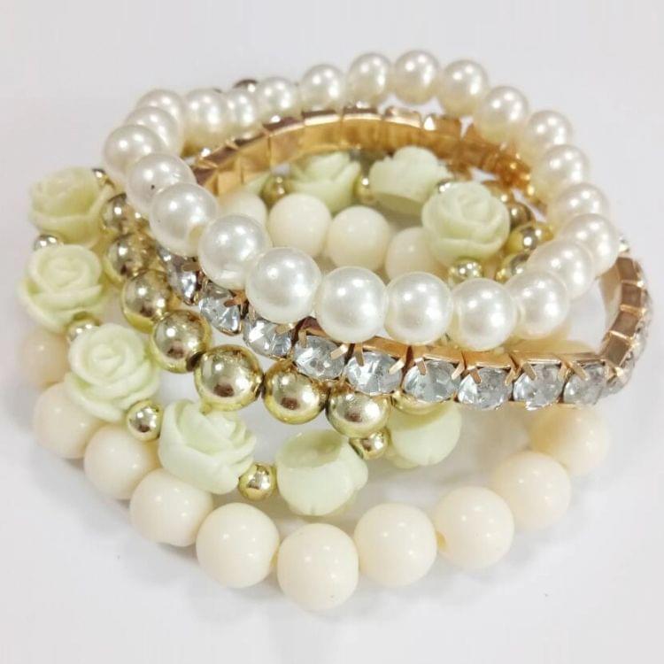 Fashion Candy Color Rose Flower Multi-layer Beads Stretch Charm Bracelet Bangle(White)