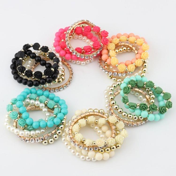 Fashion Candy Color Rose Flower Multi-layer Beads Stretch Charm Bracelet Bangle(White)