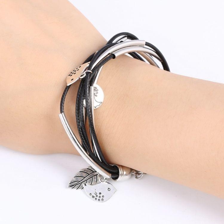 3PCS Silver Charm Leaves Tibetant Silver Multilayer Bracelets(Black)