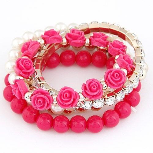 Bohemian Fashion Candy Color Pearl Rose Flower Multilayer Beads Stretch Charm Bracelet(rose)