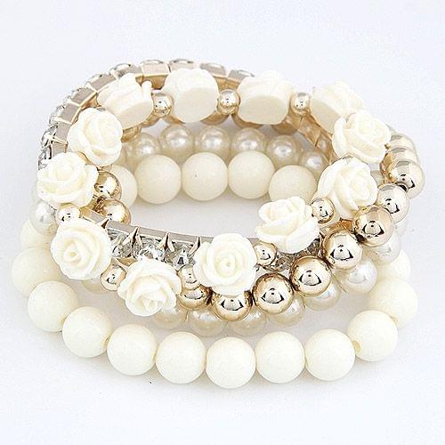 Bohemian Fashion Candy Color Pearl Rose Flower Multilayer Beads Stretch Charm Bracelet(rose)